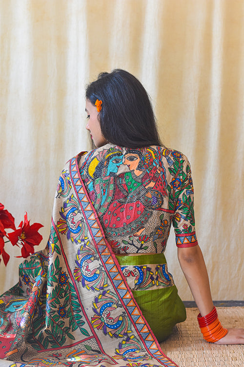 Madhubani Paints Handpainted Madhubani RADHA SANG KRISHNA Tussar Silk Blouse