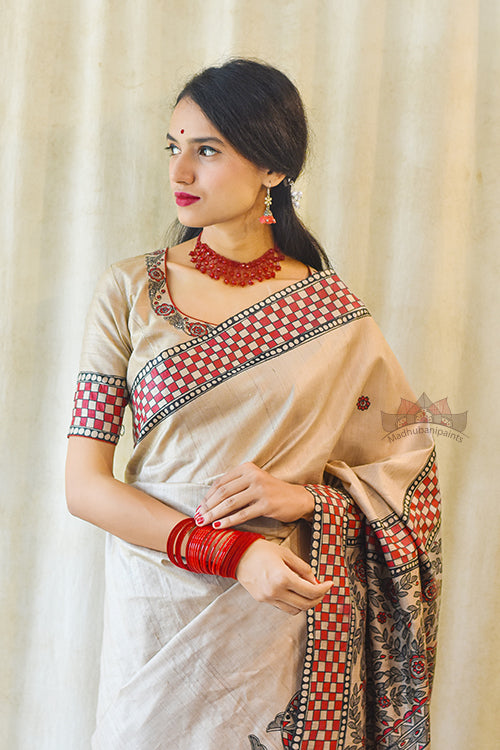 Madhubani Paints Handpainted Madhubani MATSYA UTSAV Tussar Silk Blouse