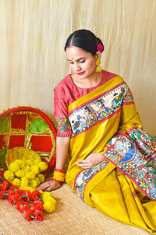 Madhubani Paints Handpainted Madhubani KOHBAR SWAYAMBAR Tussar Silk Saree