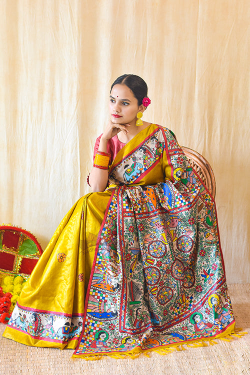 Madhubani Paints Handpainted Madhubani KOHBAR SWAYAMBAR Tussar Silk Saree