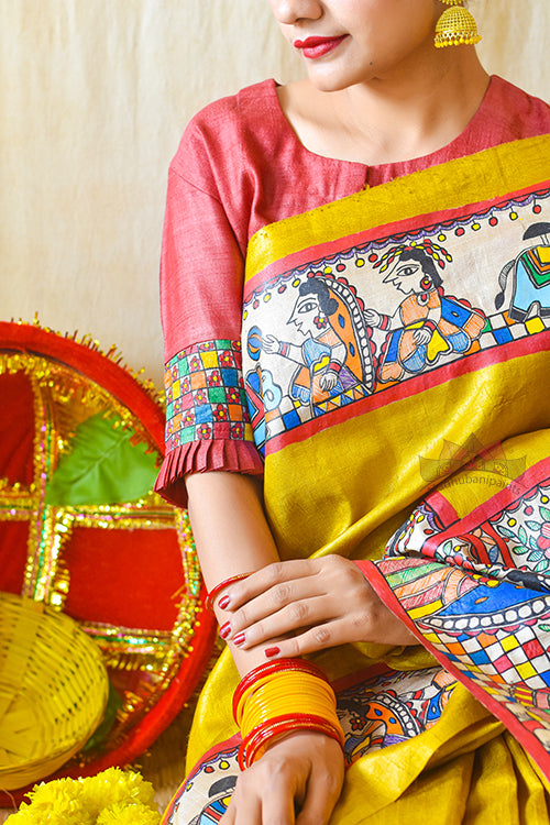 Madhubani Paints Handpainted Madhubani KOHBAR SWAYAMBAR Tussar Silk Blouse