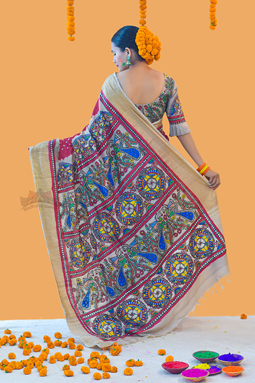 Matasya Mayuri Sangam' Handpainted Madhubani Bandhani Tussar Silk Saree Madhubani Paints