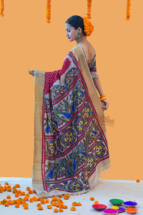 Matasya Mayuri Sangam Handpainted Madhubani Tussar Silk Saree Online