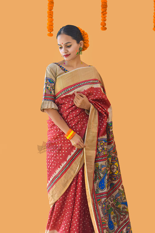 Matasya Mayuri Sangam' Handpainted Madhubani Bandhani Tussar Silk Saree Madhubani Paints