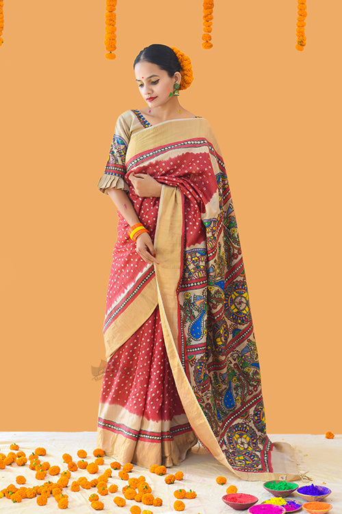 Matasya Mayuri Sangam' Handpainted Madhubani Bandhani Tussar Silk Saree Madhubani Paints