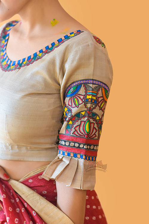 Matasya Mayuri Sangam' Madhubani Paints Handpainted Madhubani Tussar Silk Blouse