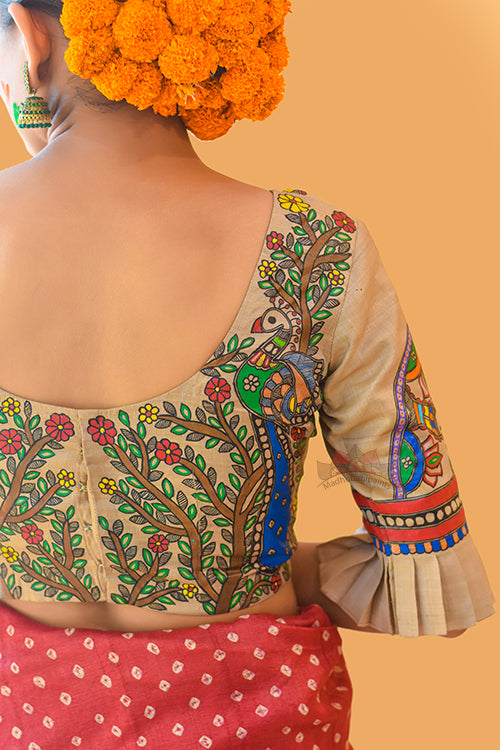 Matasya Mayuri Sangam' Madhubani Paints Handpainted Madhubani Tussar Silk Blouse