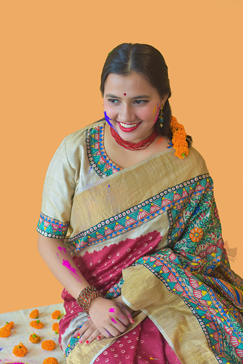 Gauri Puja'  Handpainted Madhubani Bandhani Tussar Silk Saree Madhubani Paints