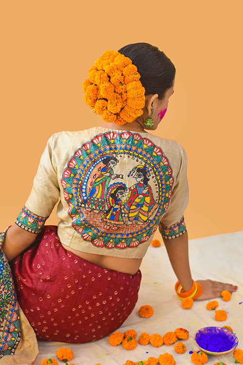 Gauri Puja'   Handpainted Madhubani Tussar Silk Blouse Madhubani Paints