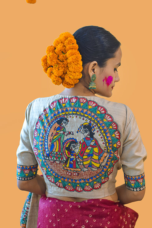 Gauri Puja'   Handpainted Madhubani Tussar Silk Blouse Madhubani Paints