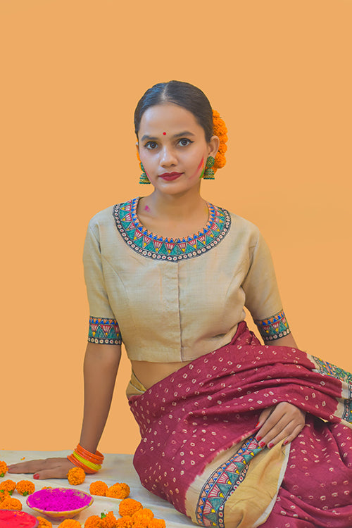 Gauri Puja'   Handpainted Madhubani Tussar Silk Blouse Madhubani Paints