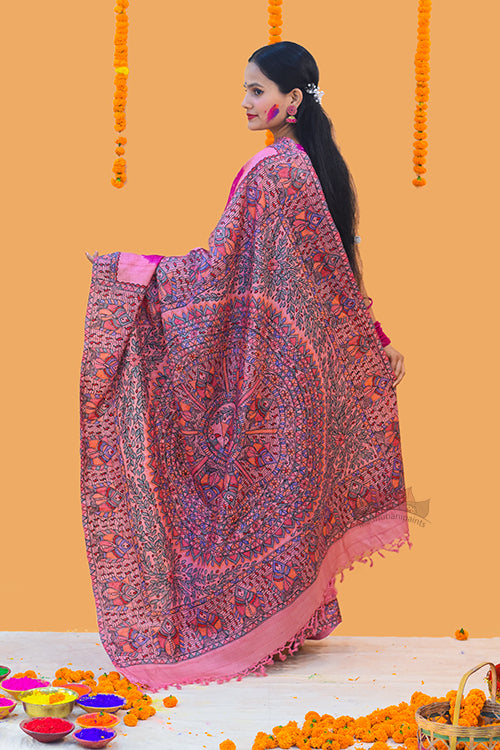 Matsya Mandali' Handpainted Madhubani Bandhani Tussar Silk Saree Madhubani Paints
