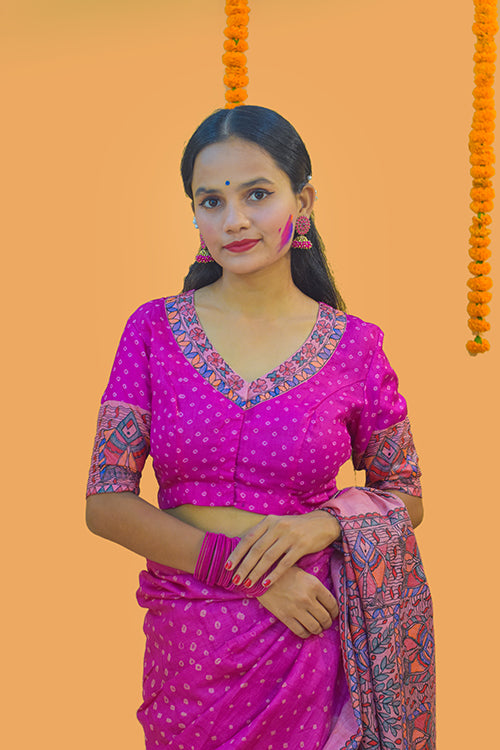 Matsya Mandali'  Handpainted Madhubani Tussar Silk Blouse Madhubani Paints