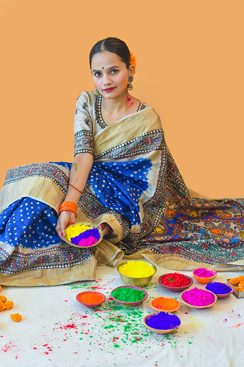 Matsyangana' Handpainted Madhubani Bandhani Tussar Silk Saree Madhubani Paints
