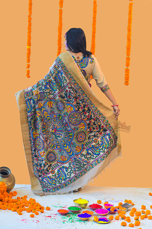 Prakriti Milaan' Handpainted Madhubani Bandhani Tussar Silk Saree Madhubani Paints