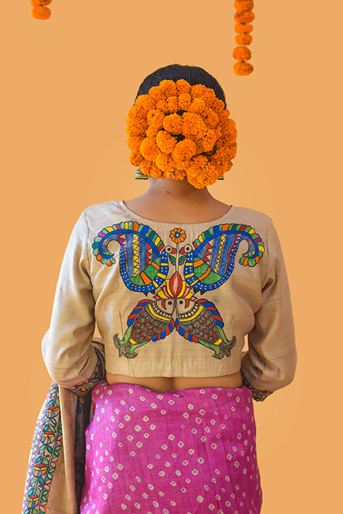 Prakriti Milaan' Handpainted Madhubanitussar Silk Blouse Madhubani Paints