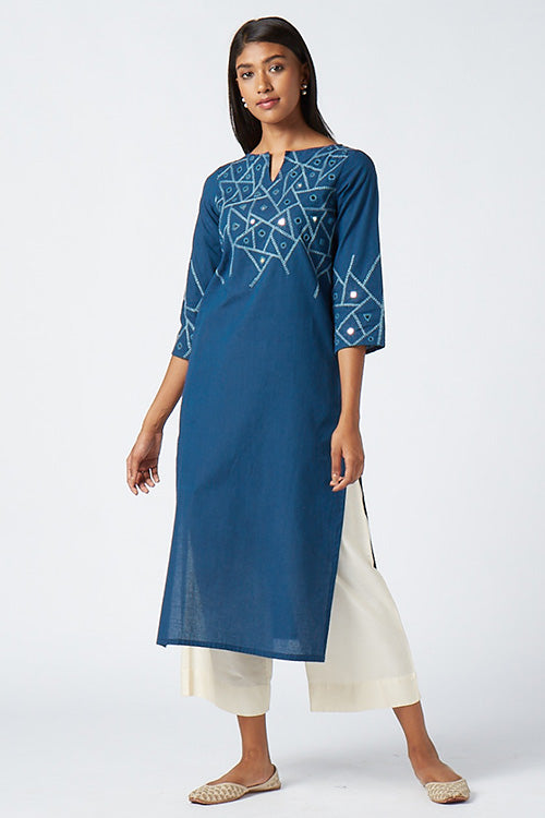 Melody Blue Embroidered Cotton Kurta For Women Online