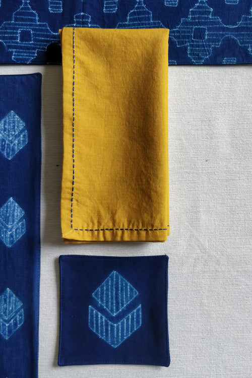 Leera Mustard with blue hand embroidered Table Napkins  (Set of 4)