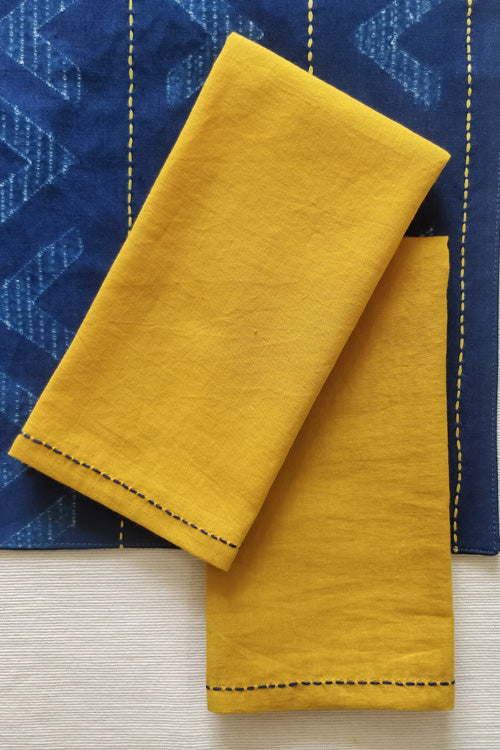 Leera Mustard with blue hand embroidered Table Napkins  (Set of 4)