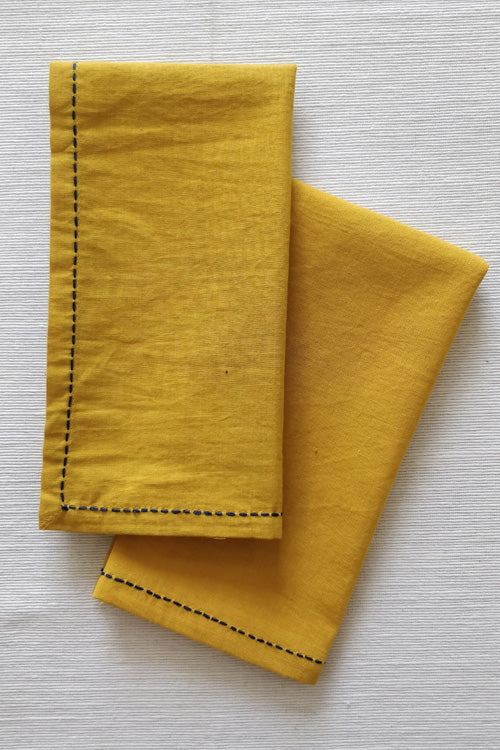 Leera Mustard with blue hand embroidered Table Napkins  (Set of 4)