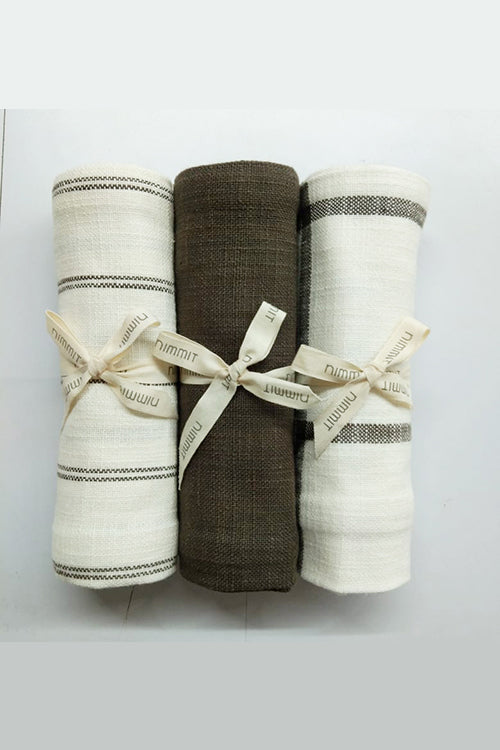 NM Stripe-Check-Solid  Earth Tea Towel S/3