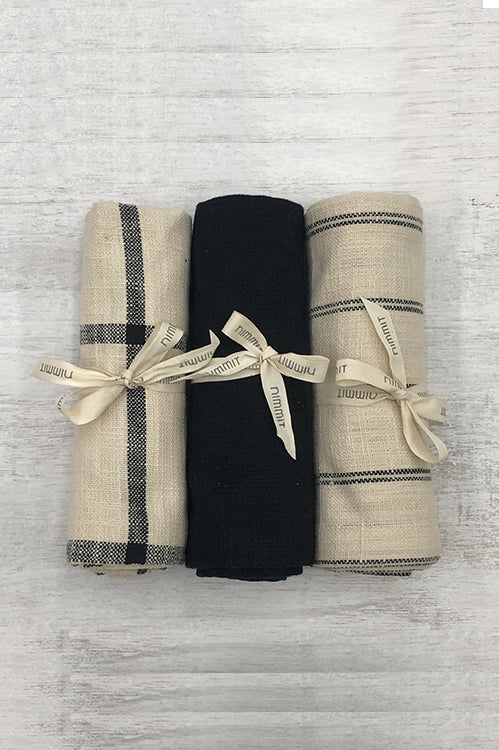 NM Stripe-Check-Solid  Black Tea Towel S/3
