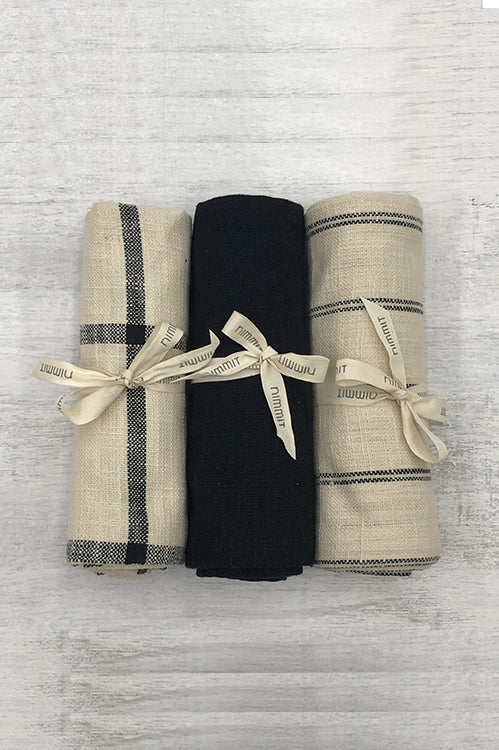 East India Company NM Stripe-Check-Solid  Black Tea Towel S/3