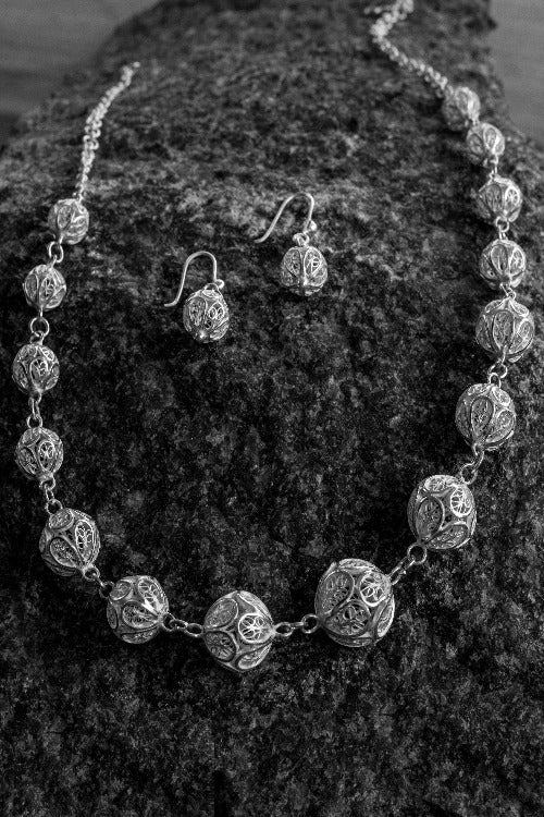 Silver Linings Rudraksha Handmade Silver Filigree Necklace Set Online