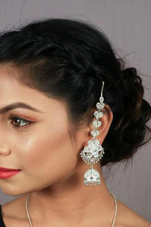 Silver Linings Floral Kaan Chain Handmade Silver Filigree Jhumka Earrings Online