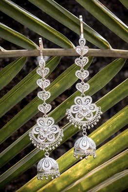 Silver Linings Floral Kaan Chain Handmade Silver Filigree Jhumka Earrings Online