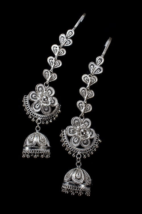 Silver Linings "Floral Kaan Chain" Silver Filigree Handmade Jhumka Earrings