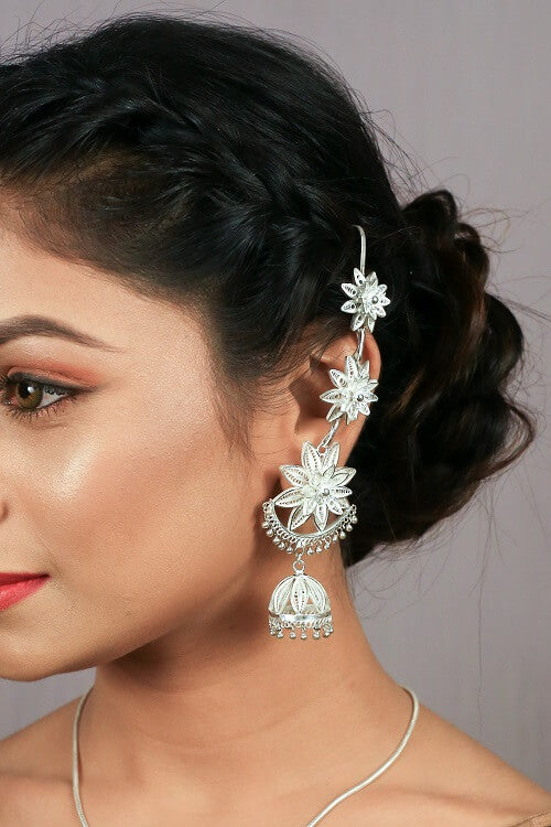 Silver Linings "Star Kaan Chain" Silver Filigree Handmade Jhumka Earrings