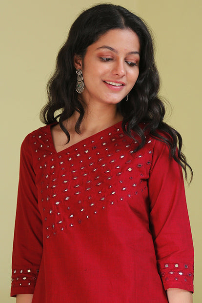 Okhai 'Red Forest' Pure Cotton Hand Embroidered Mirror Work Kurta