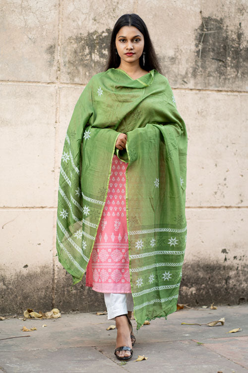 Samuday Craft Block Printed -Silk Dupatta-Green Colour