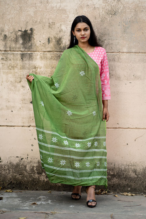 Block Printed -Silk Dupatta-Green Colour