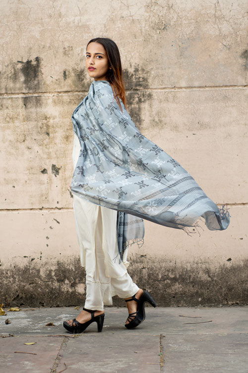 Samuday Craft Block Printed -Silk Dupatta-Grey Colour