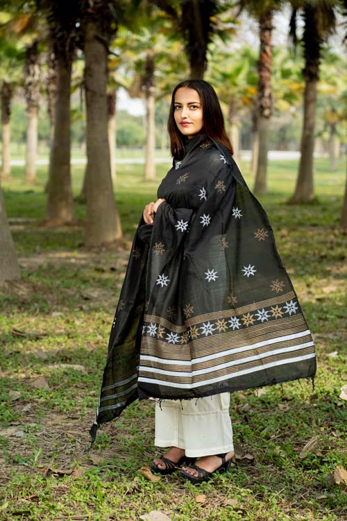 Samuday Craft Block Printed -Silk Dupatta-Brown Colour