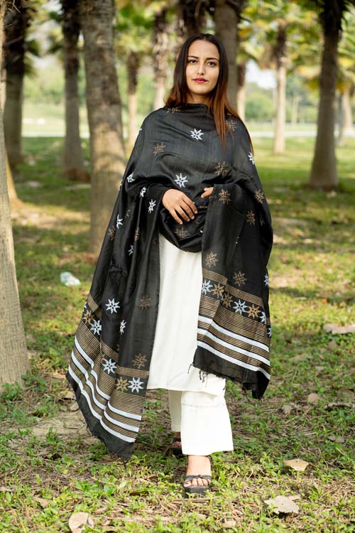 Samuday Craft Block Printed -Silk Dupatta-Brown Colour