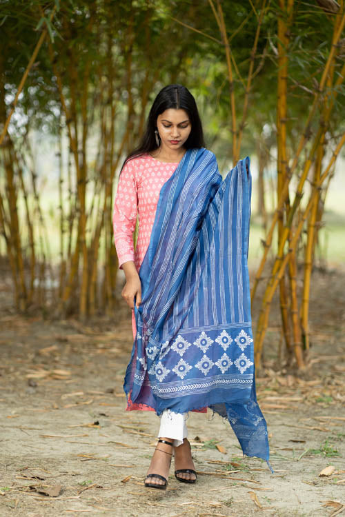 Samuday Craft Block Printed -Silk Dupatta-Blue Colour