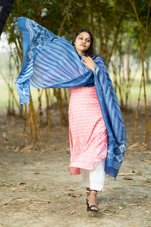 Samuday Craft Block Printed -Silk Dupatta-Blue Colour