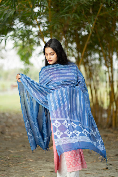 Samuday Craft Block Printed -Silk Dupatta-Blue Colour