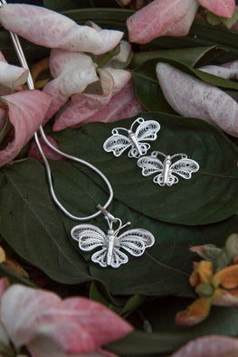 Buy Silver Linings Butterfly  Handmade Silver Filigree Pendant Set Online