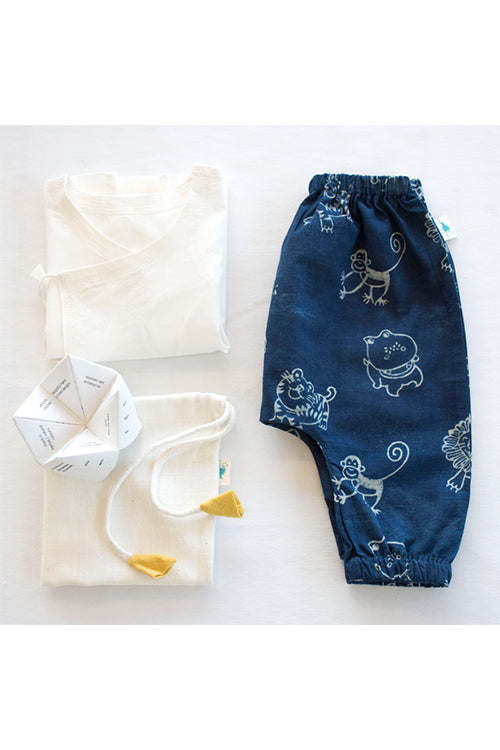 Whitewater Kids Unisex Organic White Angrakha Top With Zoo Print Indigo Pants