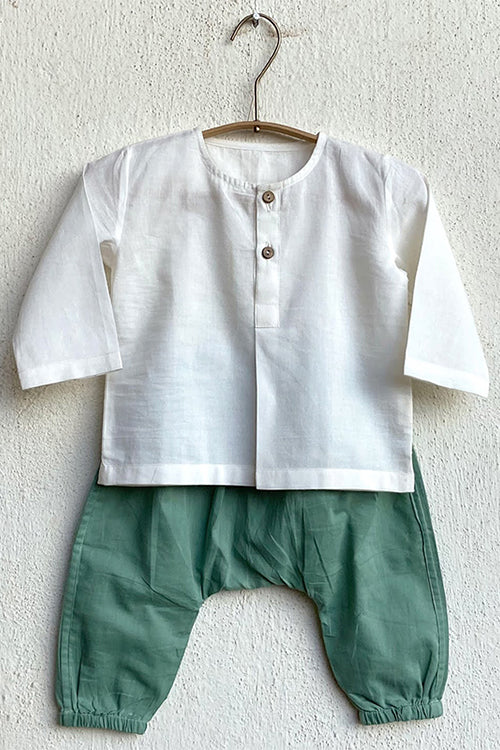 Whitewater Kids Unisex Organic Essential White Kurta Top With Mint Pants