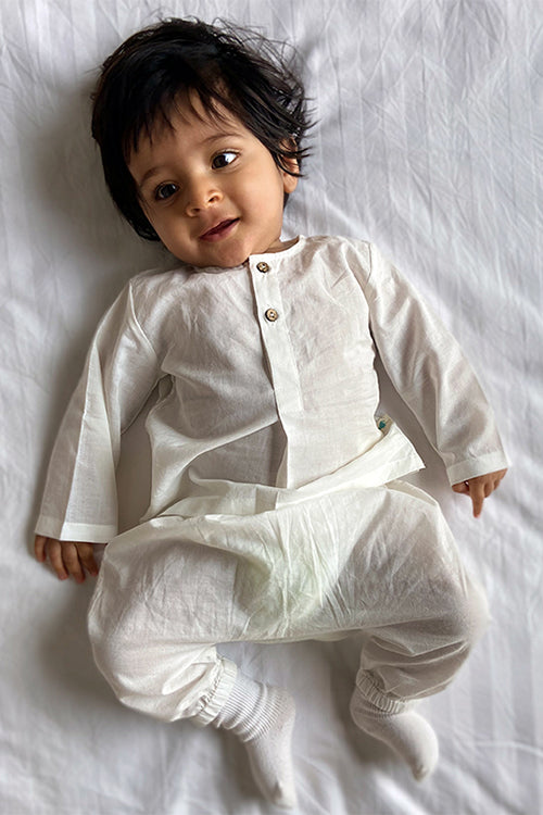 Whitewater Kids Unisex Organic Essential White Kurta Top With Matching Pants