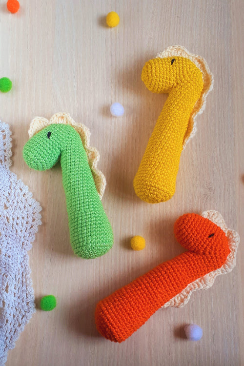 Plumtales"Dinoworm" Handmade Amigurumi Rattle Toy-'Sunset Orange'