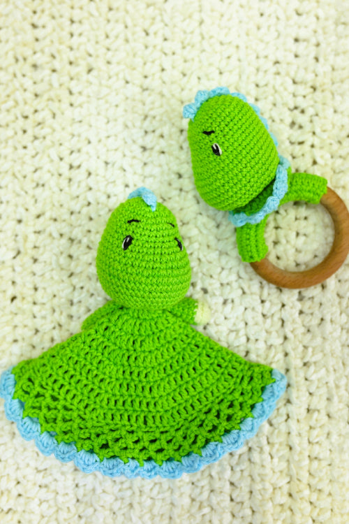 Plumtales"Rory-The Dino"Handmade Amigurumi Lovey And Teether Set