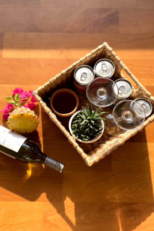 Pine Cone Handcrafted Water Hyacinth Bottle Caddy With Cane Frame