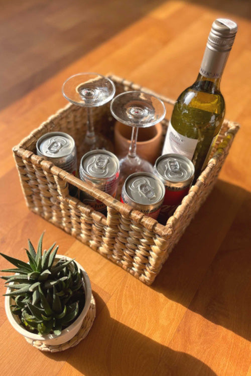 Pine Cone Handcrafted Water Hyacinth Bottle Caddy With Cane Frame