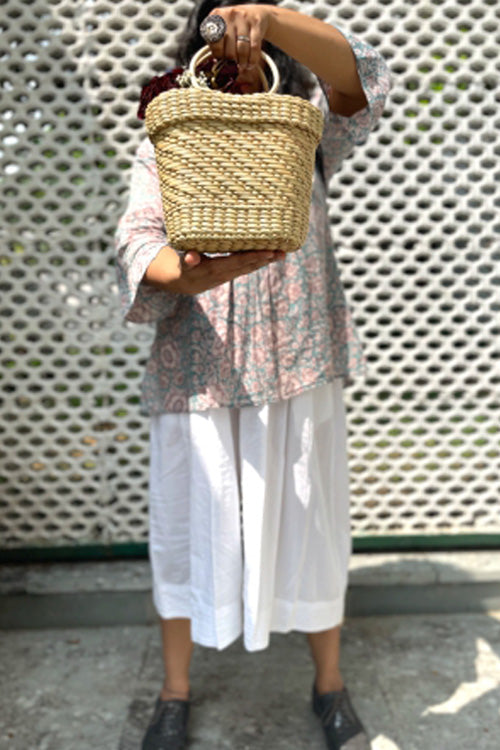 Pine Cone Handcrafted Mini Bucket Bag With Cane Handles